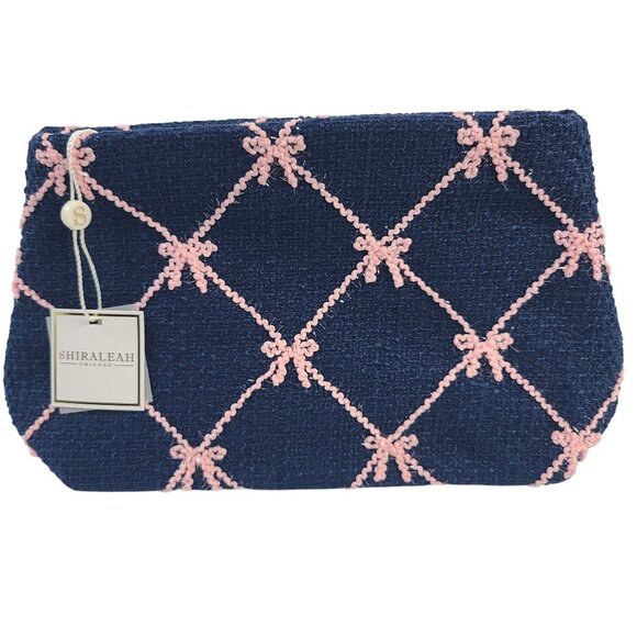 Shiraleah Handbags - NWT Shiraleah Navy Tinsel Bow Zip Pouch With Pink Embroidered Design Fully Lined